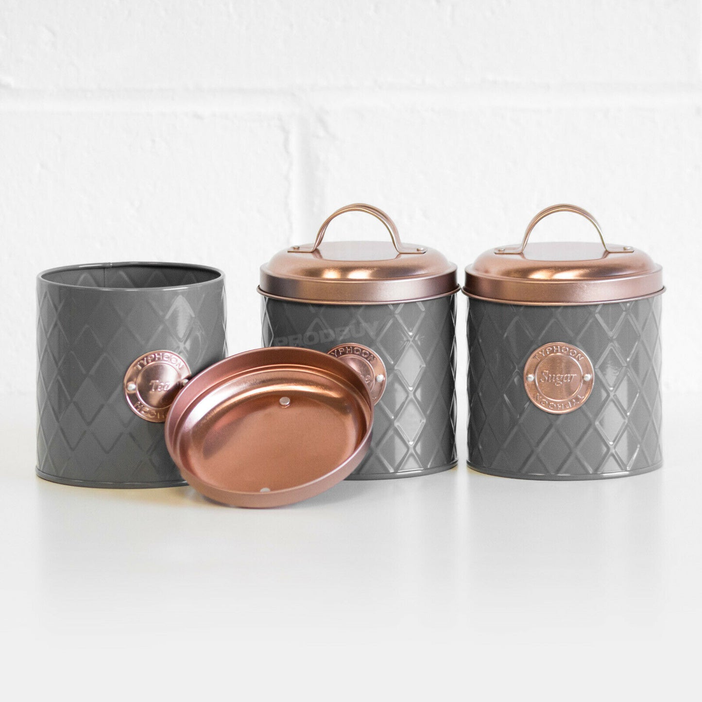 Typhoon Grey 'Tea Coffee Sugar' Canisters with Copper Lids