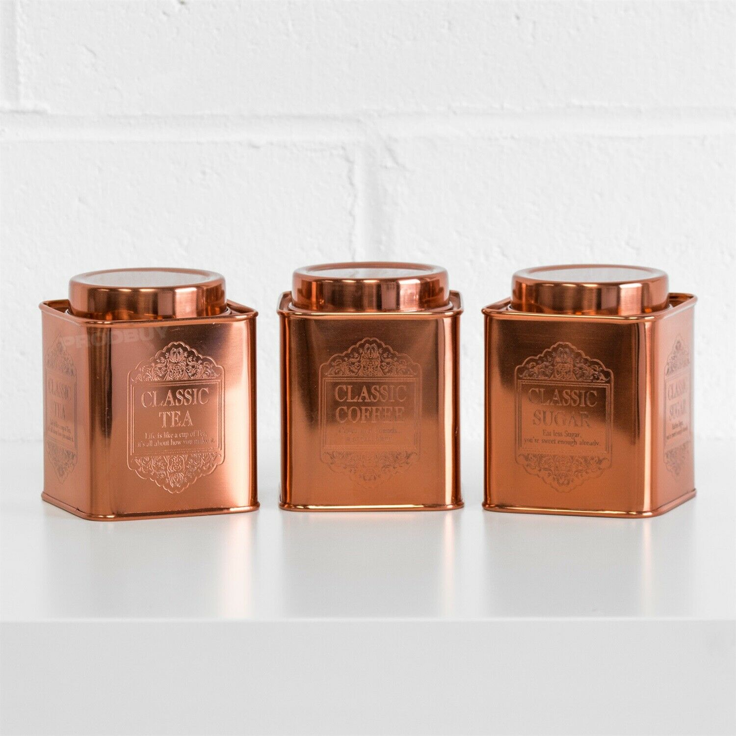 Copper coloured tea store coffee sugar jars