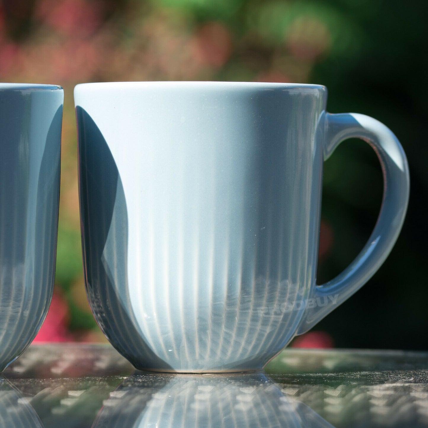 Set of 2 Pastel Blue Ribbed Coffee Mugs