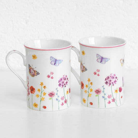 Set of 2 White Butterfly Floral Coffee Mugs