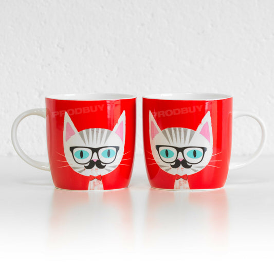 Set of 2 Red Cat with Glasses Coffee Mugs