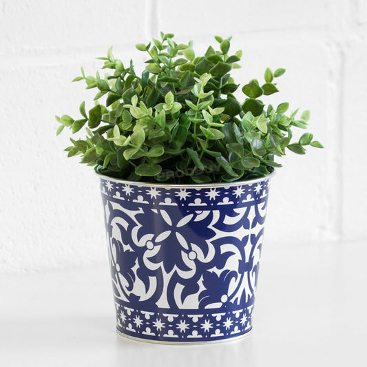 Portuguese Blue & White Round Metal Flower Plant Pot