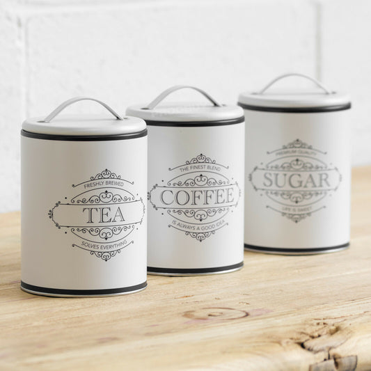 Black Band Off White Metal Tea Coffee Sugar Canisters Set