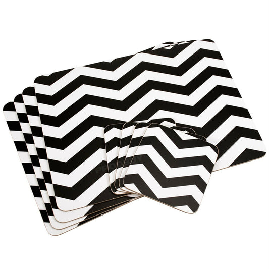 Set of White & Black Chevron 4 Placemats & 4 Coasters