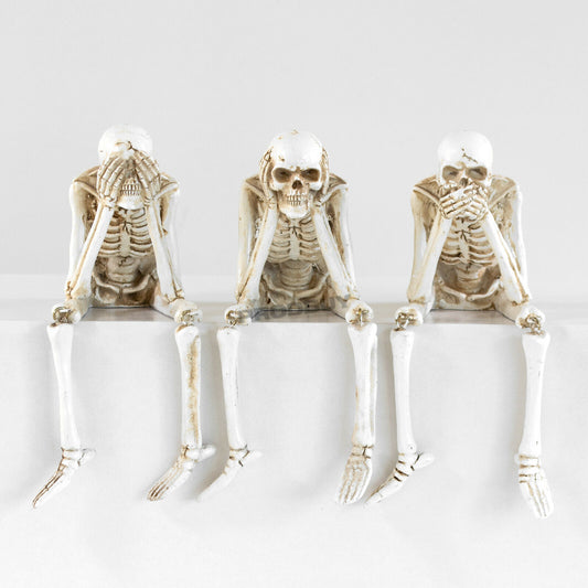 Set of 3 Skeleton Shelf Sitting Ornaments See Speak Hear No Evil Gothic Table Sitters