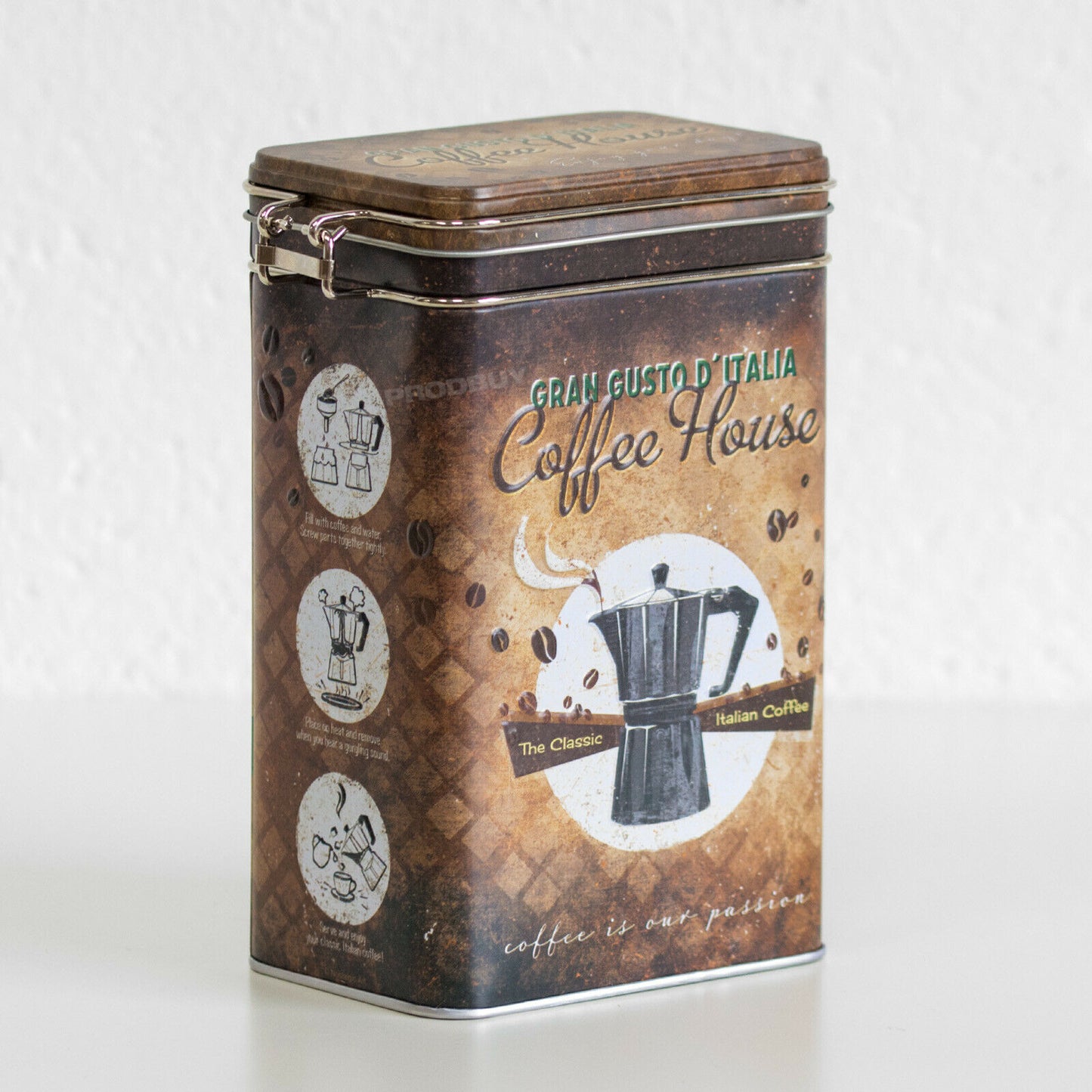 Italian Coffee House Clip Top 1.3 Litre Storage Tin