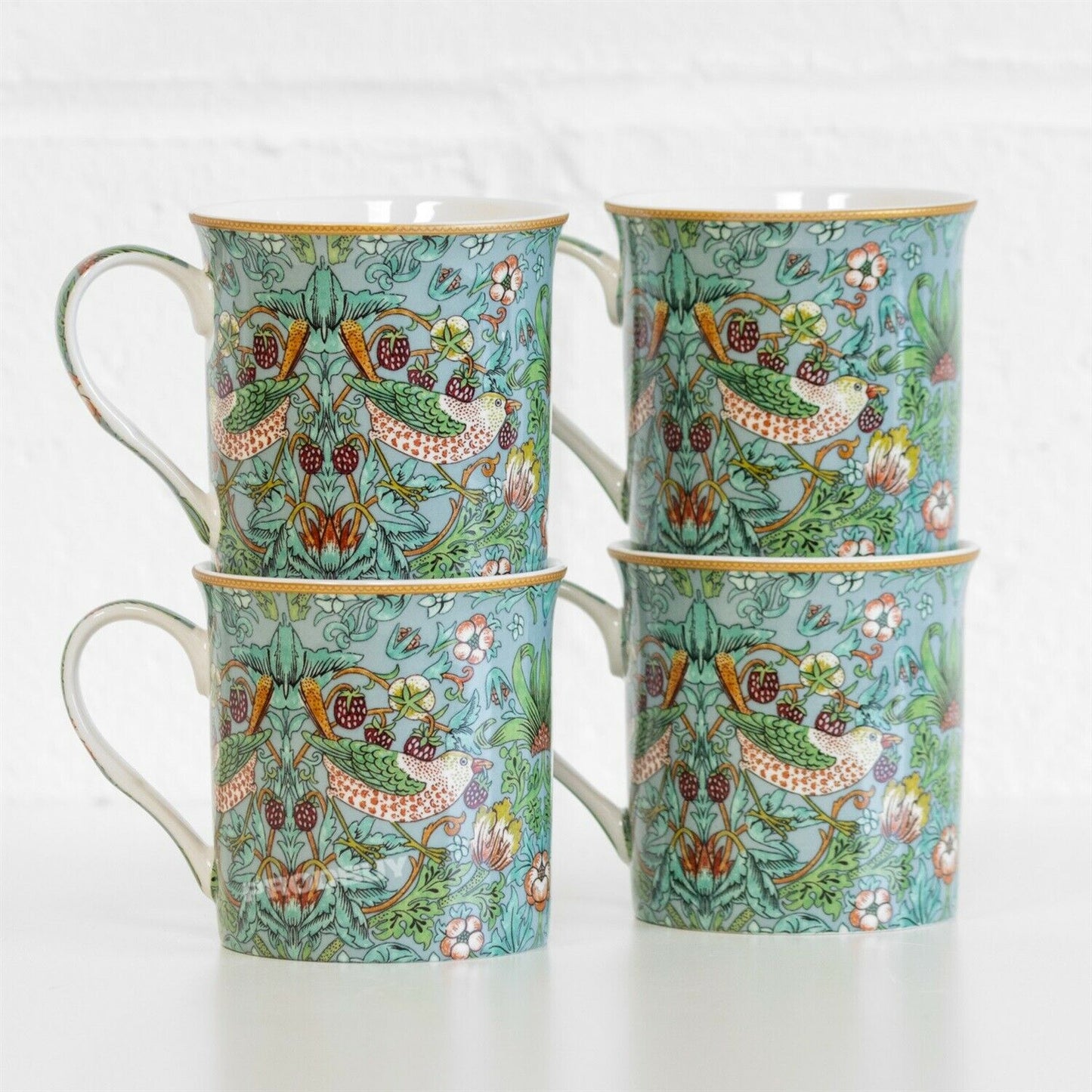 Set of 4 William Morris Teal Strawberry Thief Mugs