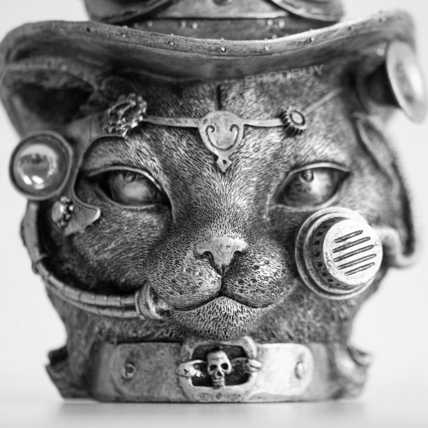 Steampunk Cat Head in Top Hat Ornament Vintage Silver Colour Statue