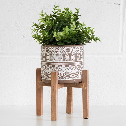 Tribal Cement Plant Pot Holder On Wooden Stand