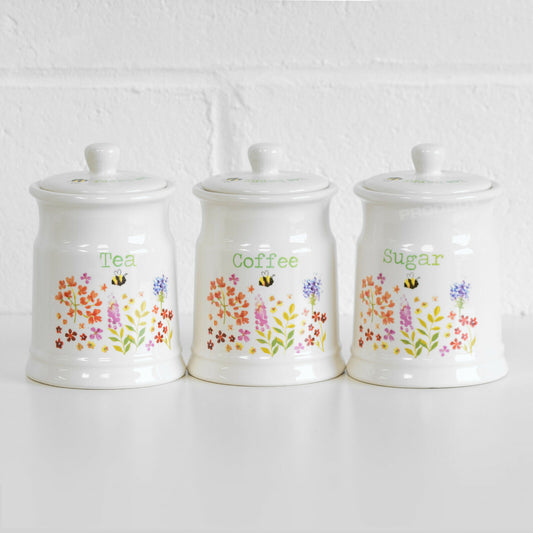 Ceramic 'Bee Happy' Tea Coffee Sugar Jars