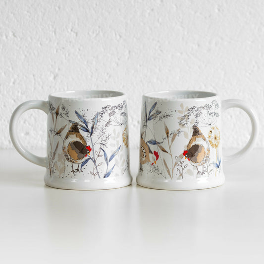 Set of 2 Country Hens Large Footed Coffee Mugs