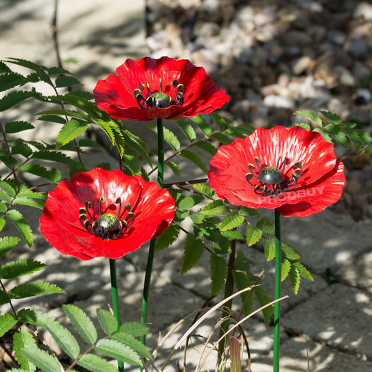 Set of 3 Tall Red Poppy Flower Garden Stakes 44cm