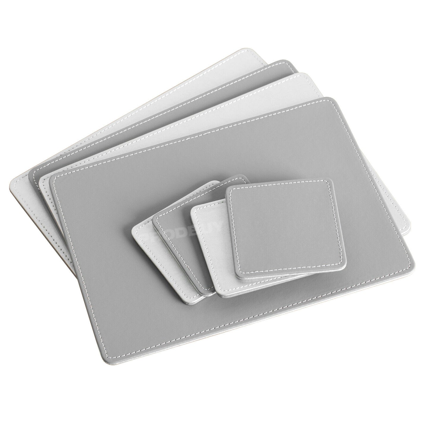 Set of Faux Leather Silver & Grey 4 Placemats & 4 Coasters