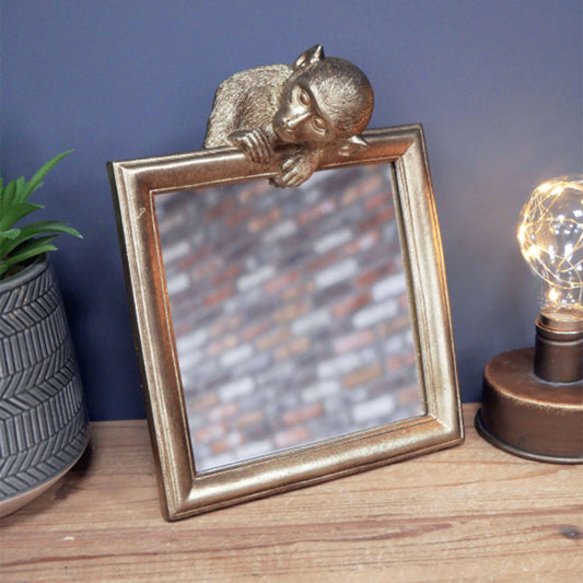 Gold Aged Effect Square Table Mirror With Monkey 18cm