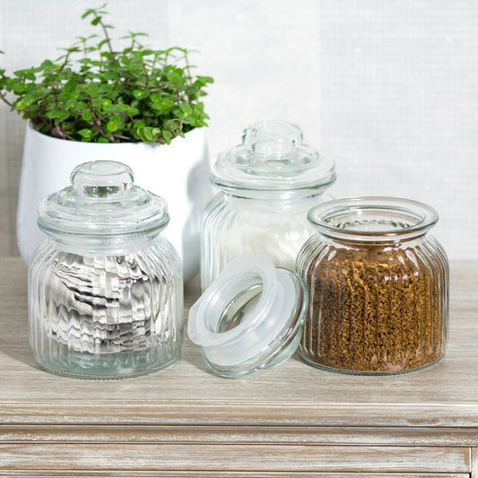 Set of 3 Retro Ribbed Glass Storage Jars