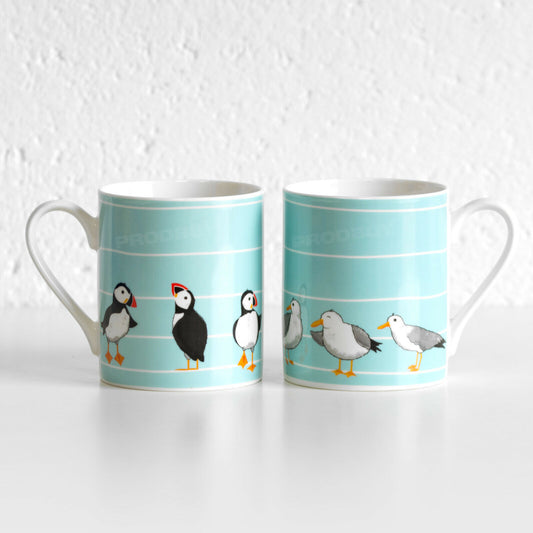 Set of 2 Bird Themed Mugs 12oz Blue Puffin Seagull Fine China