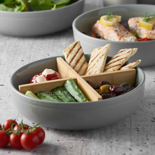 Typhoon Grey Serving Dish with Bamboo Dividers Chip & Dip Crisp Snack Bowl