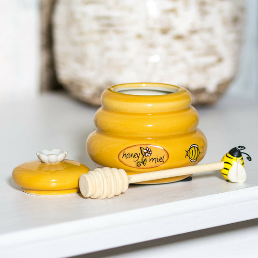 Beehive Honey Pot with Wooden Bee Dipper Spoon