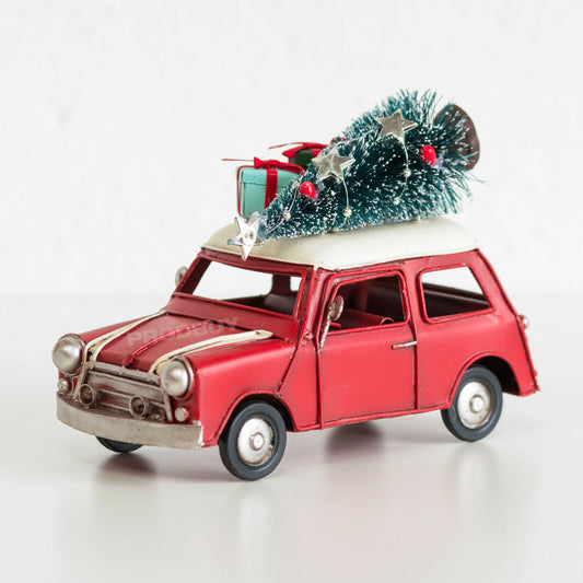 Red Metal Car with Christmas Tree Decorative Ornament
