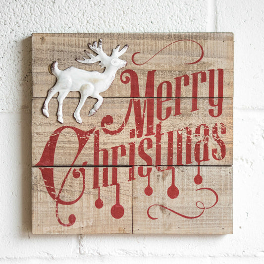 Wooden 'Merry Christmas' White Reindeer Wall Sign