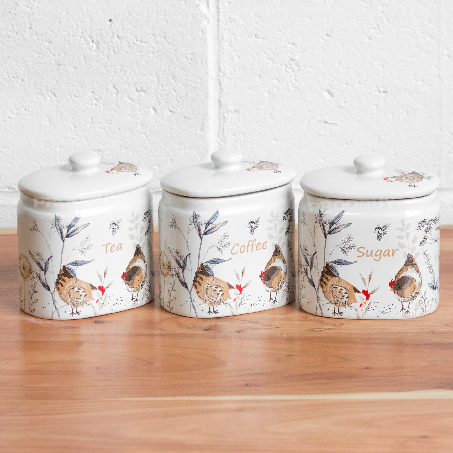 Country Hens Ceramic Tea Coffee Sugar Jars Storage Set