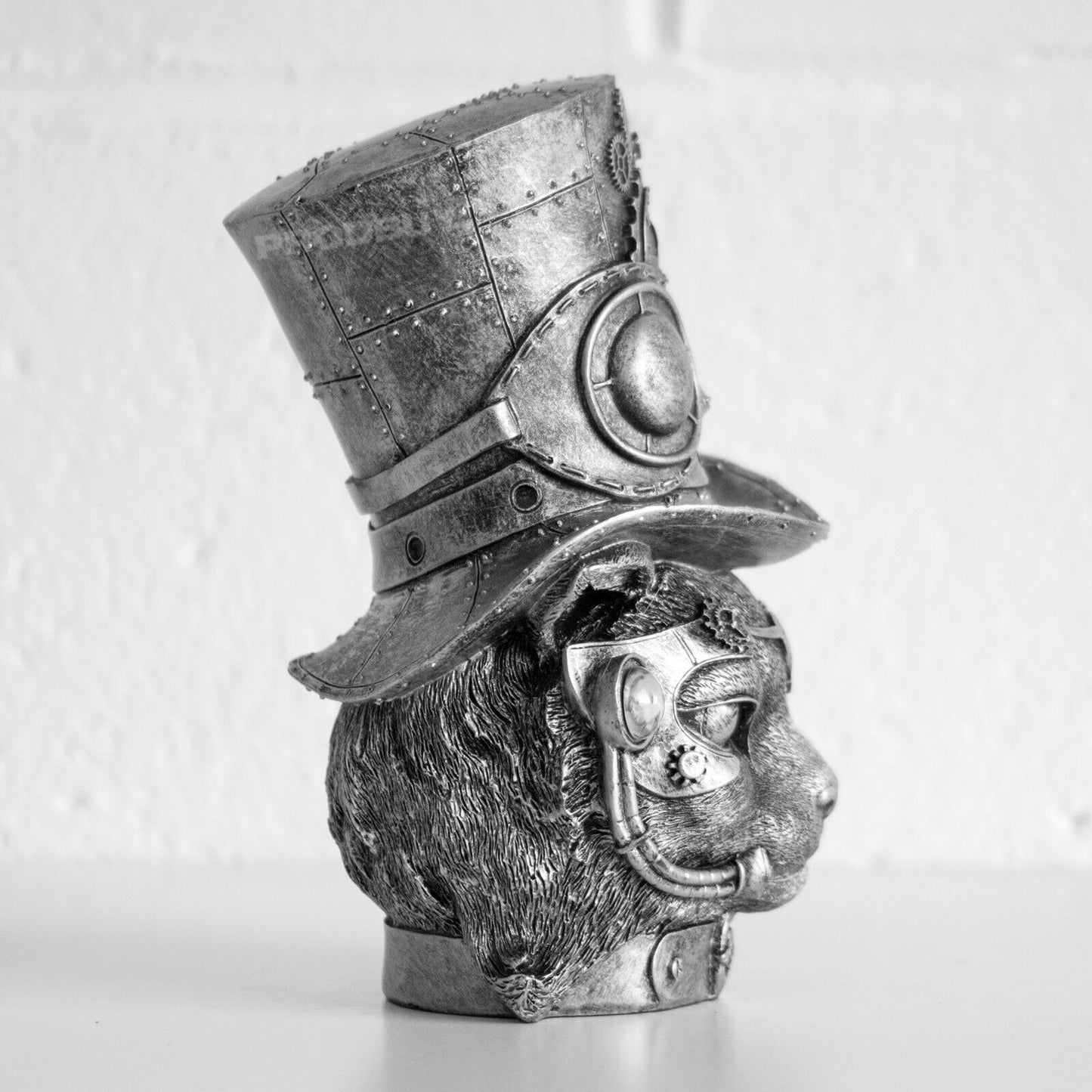 Steampunk Cat Head in Top Hat Ornament Vintage Silver Colour Statue