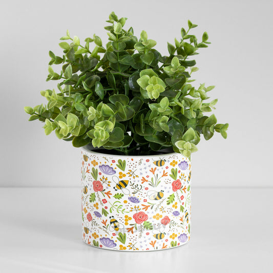 Floral Bees 12cm Plant Pot Small White Ceramic Indoor Cover