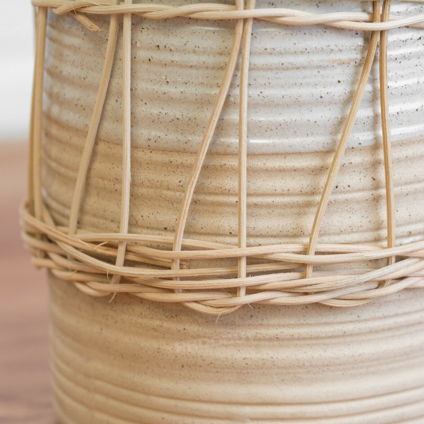 Grey Ceramic Vase With Rattan Detail 33cm Tall