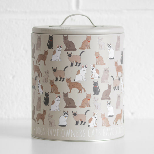 Grey Round Cat Treat Storage Tin Biscuit Barrel