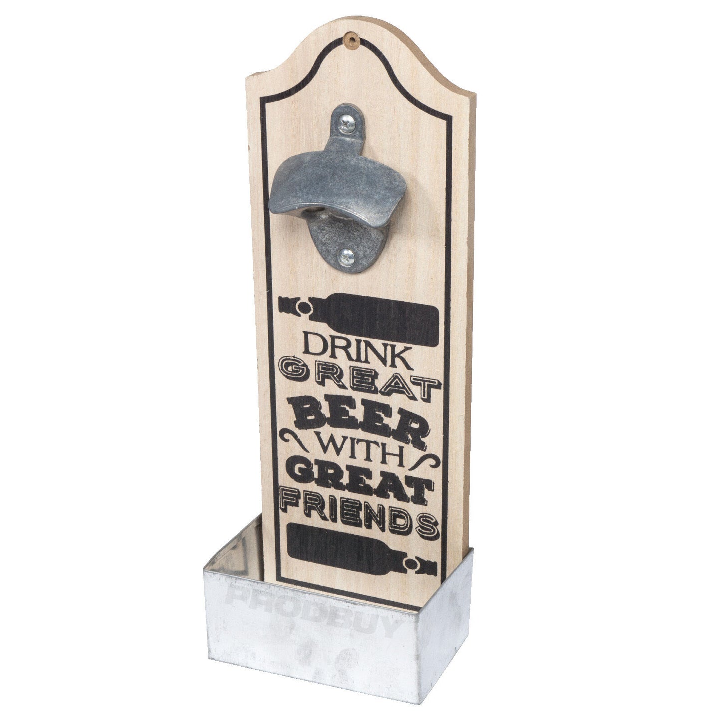 Wall Mounted Wooden Bottle Opener with Catcher "Drink Great Beer With Great Friends"