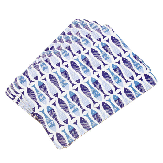 Set of 4 Placemats & 4 Coasters White & Blue Fish