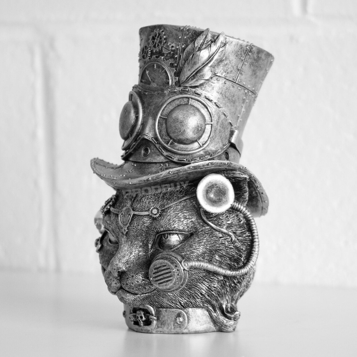 Steampunk Cat Head in Top Hat Ornament Vintage Silver Colour Statue