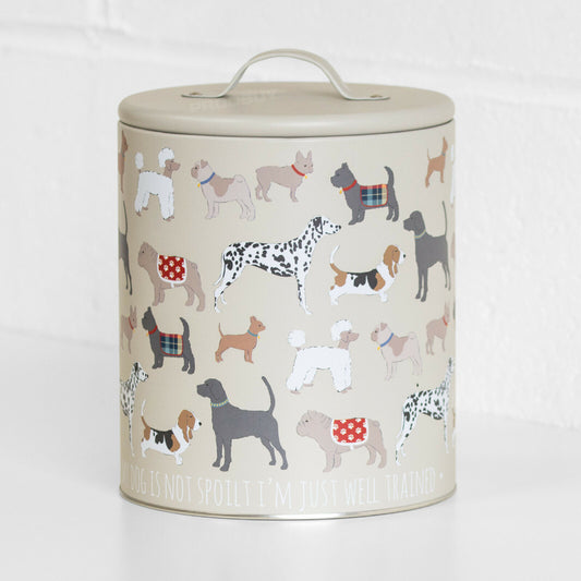 Grey Round Dog Treat Storage Tin Novelty Biscuit Barrel