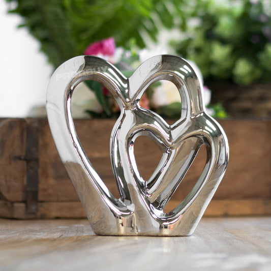 Silver Double Love Heart 15cm Decorative Ornament