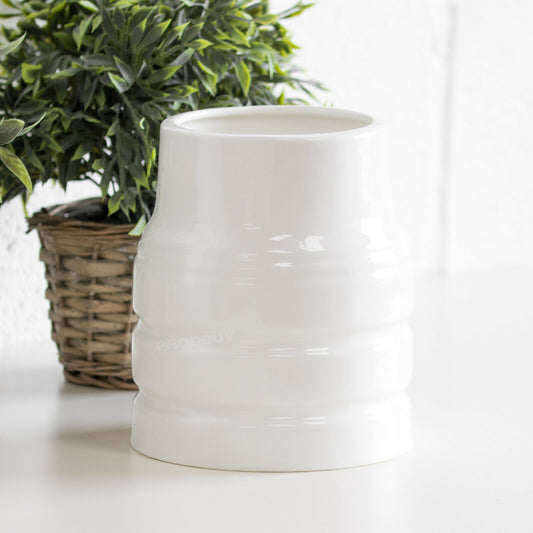 Large White Churn Style Utensil Holder Pot