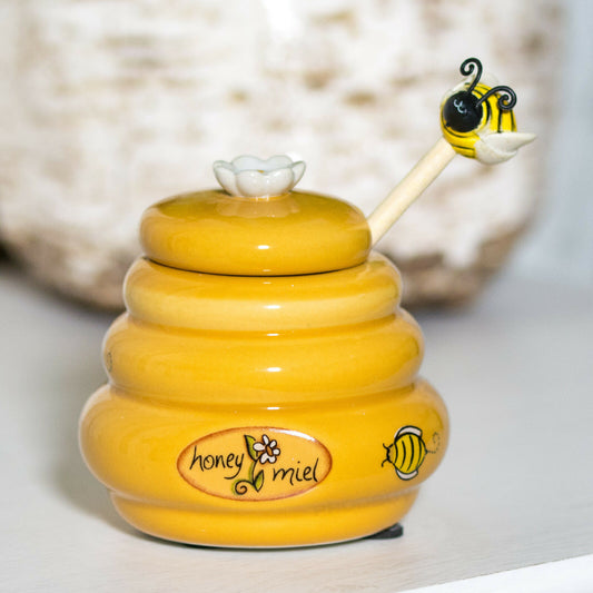 Beehive Honey Pot with Wooden Bee Dipper Spoon