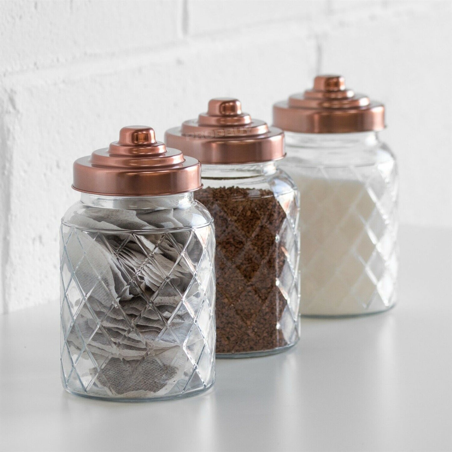 Set of 3 Glass 1L Kitchen Storage Jars with Copper Lids