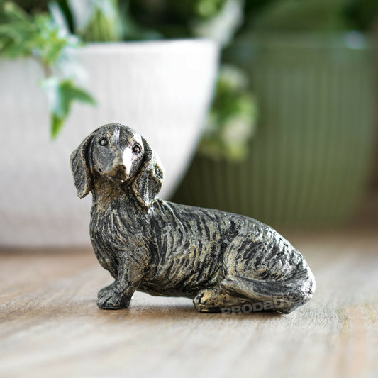 Small 7cm Sitting Dachshund Ornament Aged Bronze Appearance