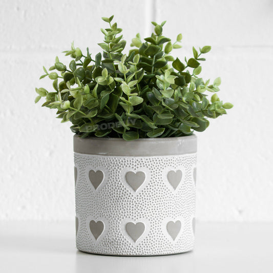 White & Grey Hearts Small Plant Pot Ceramic Round Indoor 13cm Pot