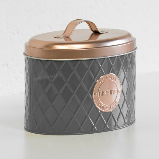 Grey & Copper Oval Biscuit Tin