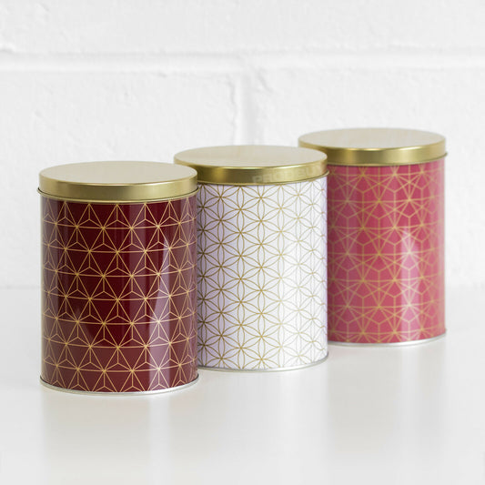 Set of 3 Geometric Storage Canisters Tea Coffee Sugar Red White Gold