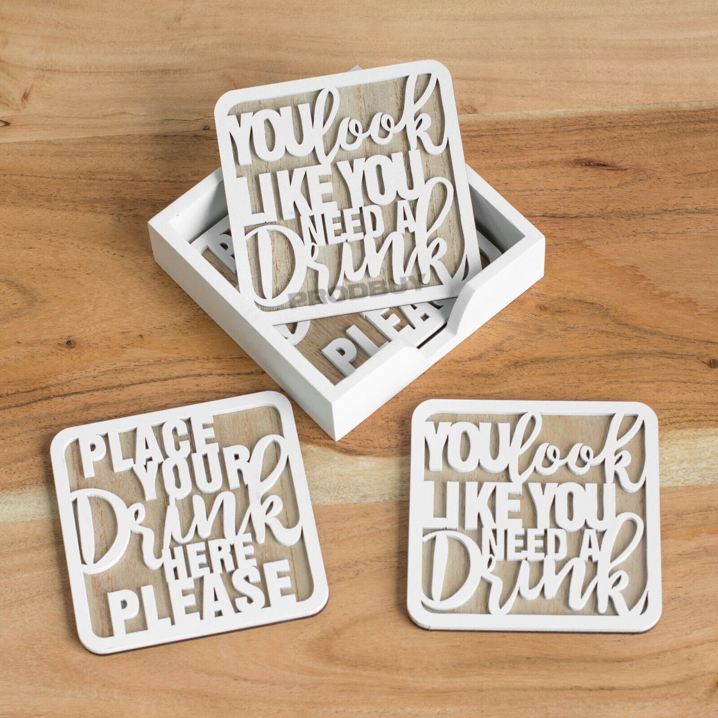 Set of 4 Two Tone White Wood Coasters with Holder