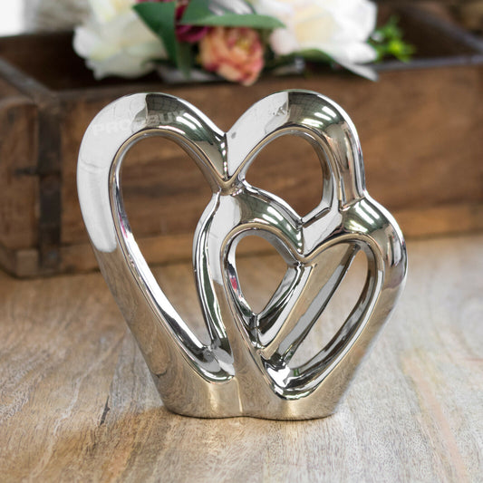 Silver Double Love Heart 15cm Decorative Ornament