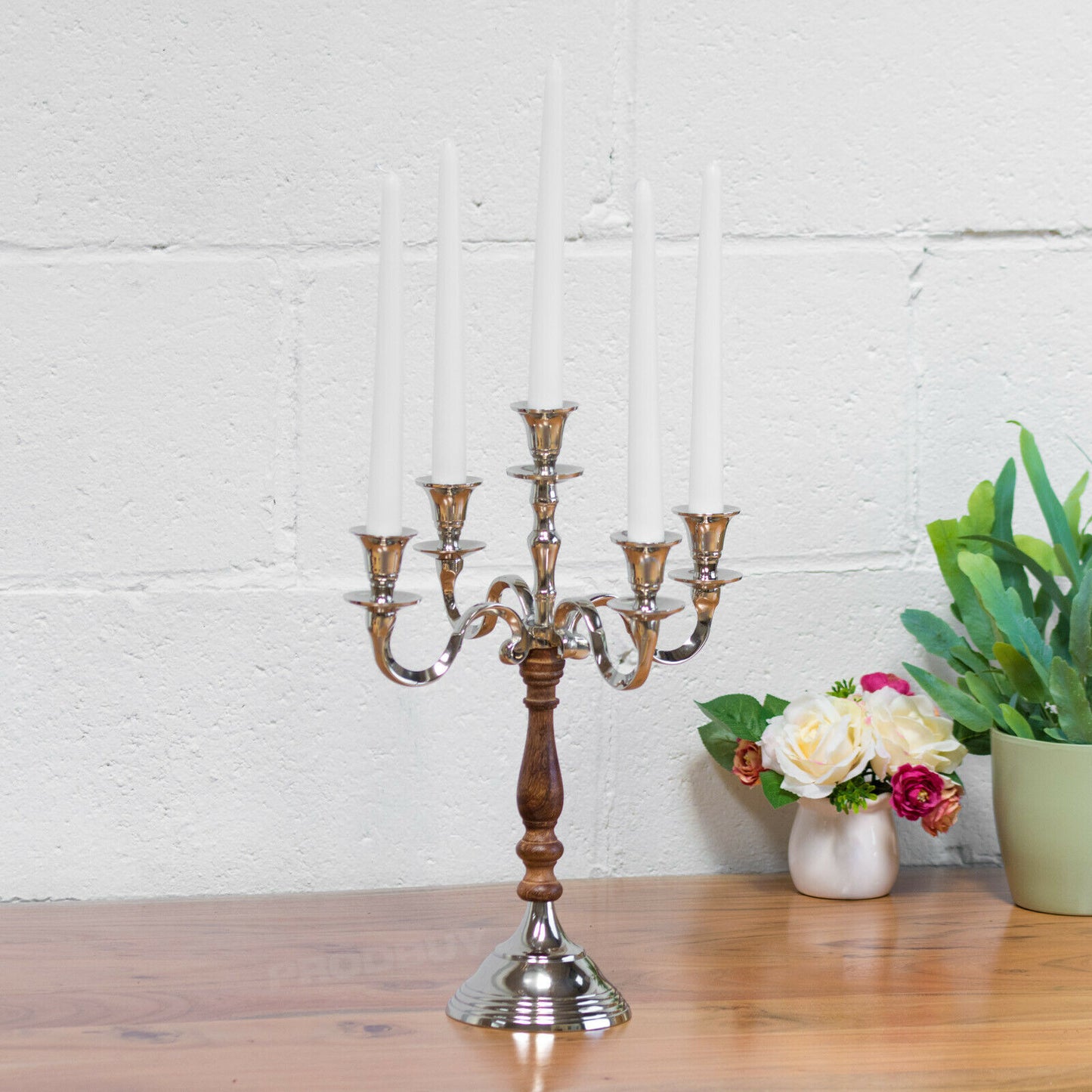 Large Metal & Wood 5 Arm Candelabra