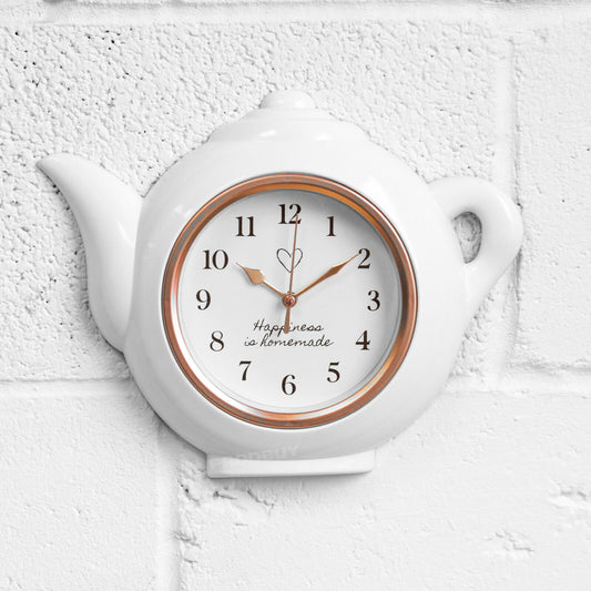 Teapot Shaped White & Copper Wall Clock