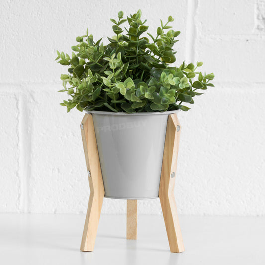 Small 18cm Plant Pot Wood Stand Grey Metal 10cm