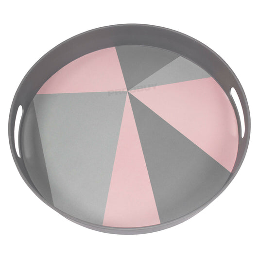 Round Grey & Pink Handled Bamboo Serving Tray