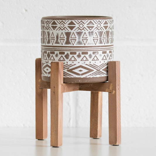 Tribal Cement Plant Pot Holder On Wooden Stand