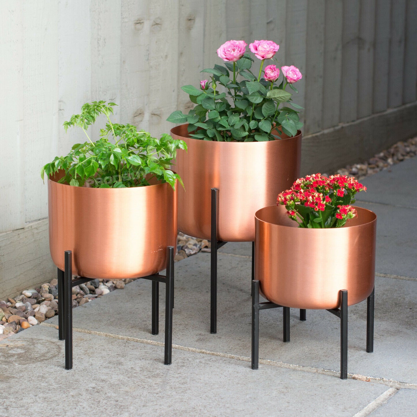large copper indoor plant pots Set of 3 Large Brushed Copper Planters On Stands – Robert David Home