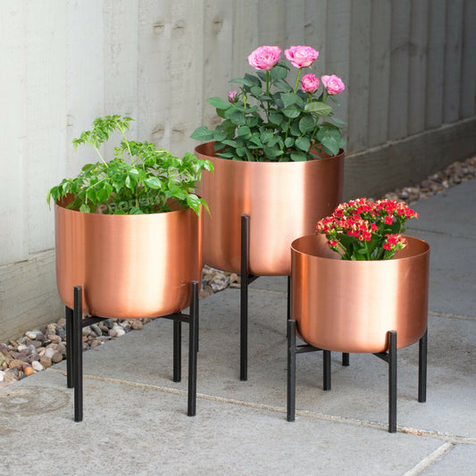 Set of 3 Large Brushed Copper Planters On Stands